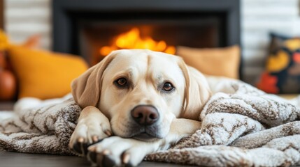 Obraz premium Yellow Labrador Dog Resting Near Fireplace