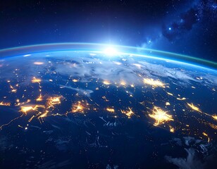 Obraz premium A breathtaking view of Earth from space, showcasing a network of illuminated cities and the vast expanse of the night sky.