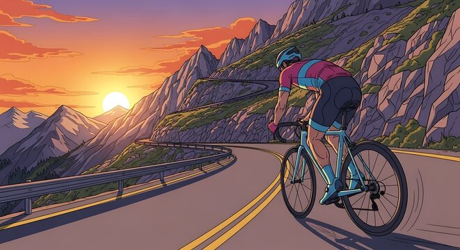 Cyclist Riding Mountain Road at Sunset.