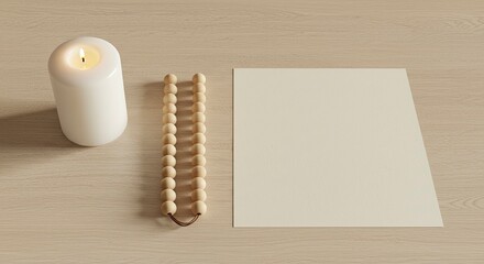 Simple Elegance: A Blank Canvas, Candle, and Beads on Light Wood
