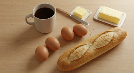 Simple Breakfast with Coffee, Baguette, Eggs, and Butter on a Wooden Table
