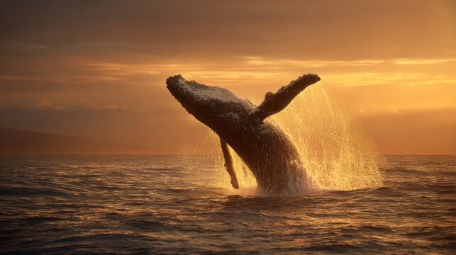 Humpback whale breaching the ocean surface at sunset, with golden light reflecting on the water, creating a stunning and dynamic scene