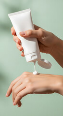 Clean Skincare Product Photography with Hand Holding Cosmetic Tubes, Jars, Droppers, Pumps, and Beauty Tools on Minimal Pastel Background