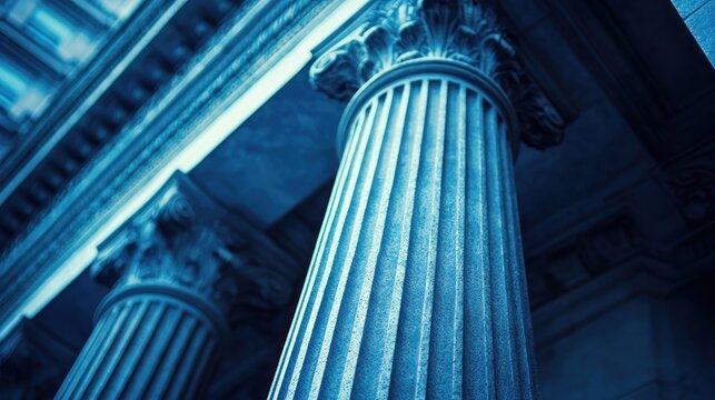 Two ancient columns in a historical building. The architectural style is classical, with intricate carvings and a blue tint.