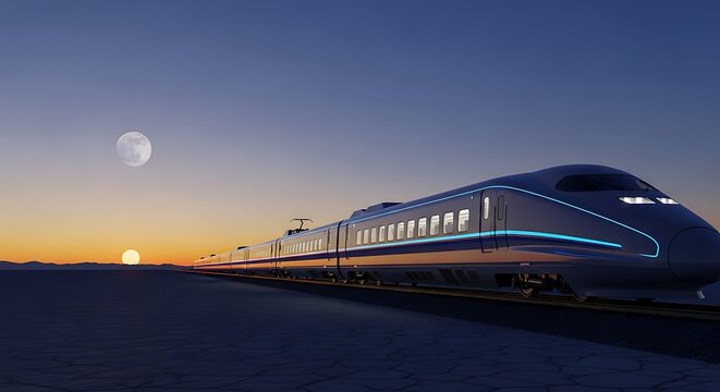 High-speed train speeding through a desert landscape at sunset with moon in the sky