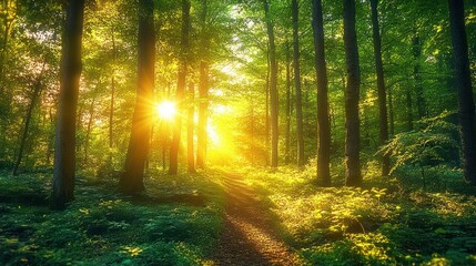 Obraz premium Sunlight shining through tall trees illuminating a lush green forest path during early morning or late afternoon