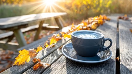 Autumn morning coffee ritual rustic park beverage photography natural light inviting atmosphere