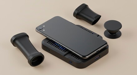 Smartphone on Wireless Charger with Black Accessories on Beige Background