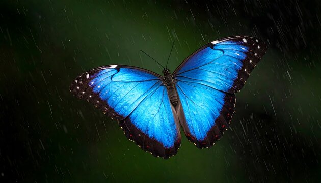 Stunning blue Morpho butterfly with intricate wing detail in gentle rain, evoking nature's beauty and delicate grace
