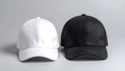 Two blank baseball caps, white and black