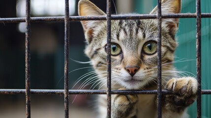 A tabby cat with green eyes and a brown nose, looking out from behind a metal cage.