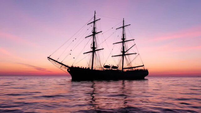 Majestic Tall Ship Silhouetted Against a Vibrant Purple and Pink Sunset Sky