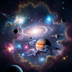 A vibrant depiction of a cosmic scene, featuring numerous planets, nebulae, and a spiral galaxy, showcasing a vast and colorful expanse of space.