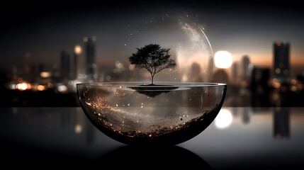 Child planting tiny tree in burning globe urban landscape digital art environmental awareness dramatic perspective