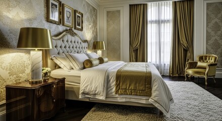 Luxurious Gold and Cream Bedroom Interior with Ornate Tufted Bed, Damask Wallpaper, and Classic Elegant Furnishings