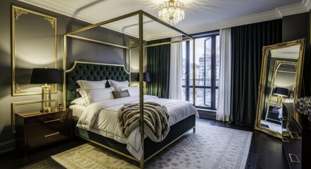 Opulent Bedroom Design with Emerald Green Tufted Canopy Bed, Gold Accents, Plush Bedding, and City View Through Large software