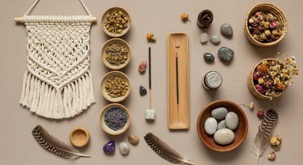 Spiritual Self-Care Ritual Items with Healing Crystals, Dried Herbs, and Incense