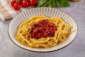 Italian pasta spaghetti bolognese with minced beef meat and tomato sauce