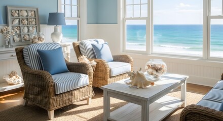 Coastal Living Room with Ocean View and Wicker Furniture.