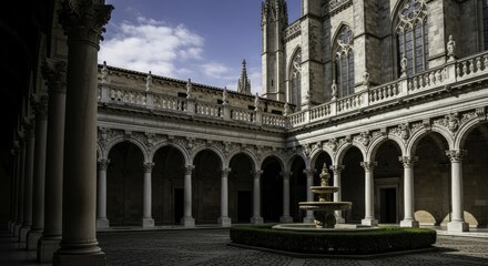 Historic Spanish Cathedral Cloister Courtyard with Fountain, Arches, and Detailed Gothic Architecture