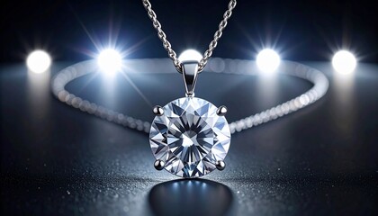 Elegant diamond necklace on a reflective surface illuminated by radiant highlights