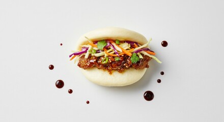 Steamed Bao Bun with Glazed Meat and Colorful Slaw on White Background