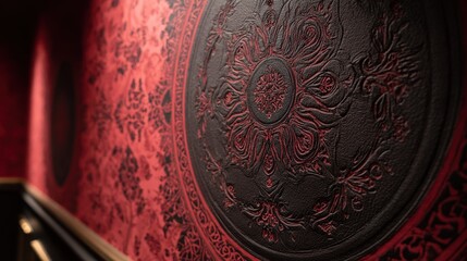 Closeup of a red and black patterned wall with a circular design, creating a vintage and gothic aesthetic in the room