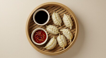 Steamed Dumplings with Soy Sauce and Chili Oil in Bamboo Steamer, Overhead View.