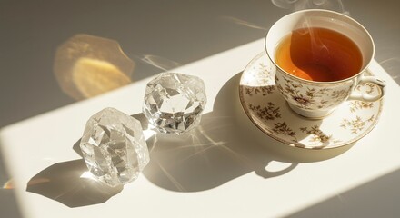 Steaming Tea and Crystals: Serene Still Life with Sunlight and Shadows