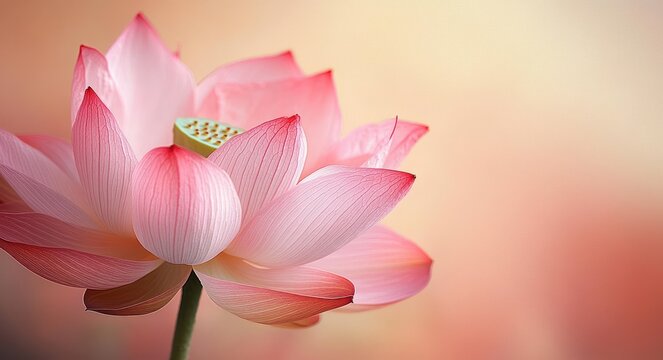 Close-up of a delicate pink lotus flower with soft petals and a green seed pod in a serene, softly blurred peach background