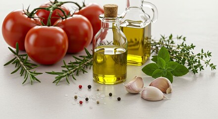 Still life with fresh tomatoes, olive oil, garlic, and aromatic herbs.