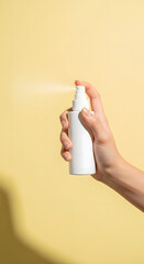 Clean Skincare Product Photography with Hand Holding Cosmetic Tubes, Jars, Droppers, Pumps, and Beauty Tools on Minimal Pastel Background