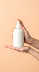 Clean Skincare Product Photography with Hand Holding Cosmetic Tubes, Jars, Droppers, Pumps, and Beauty Tools on Minimal Pastel Background