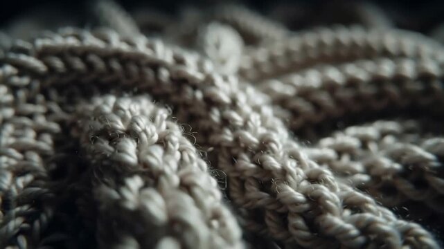 Extreme close-up of a cozy, hand-knitted beige wool sweater, showcasing the intricate cable knit pattern and soft texture