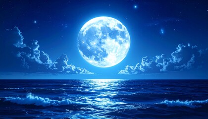 Dramatic night seascape showcasing the glowing moon over a tranquil ocean scene