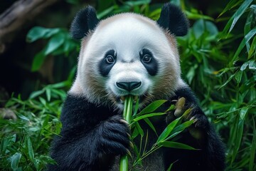 Fototapeta premium close-up of a giant panda eating fresh green bamboo leaves surrounded by lush greenery