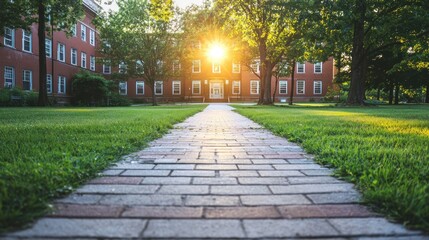 Obraz premium A brick path leading to a red brick building with white windows, surrounded by green grass and trees, with the sun setting in the background.