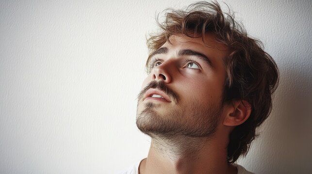 Young man with tousled hair and a beard looking upward against a plain white background, expression thoughtful and curious