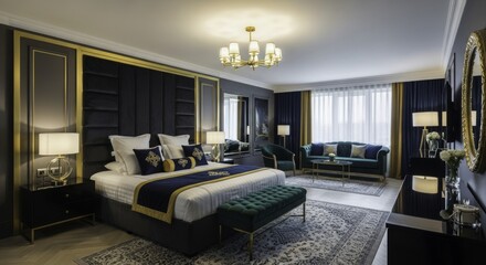 Elegant and luxurious hotel bedroom interior with a king-size bed, deep blue velvet headboard, emerald green sofa, gold accents, and sophisticated decor.