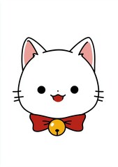 Fototapeta premium Simple vector line drawing of an adorable white cat head and neck with red collar and yellow bell, cute kawaii clip art sticker style, flat minimal illustration with bold outlines isolated