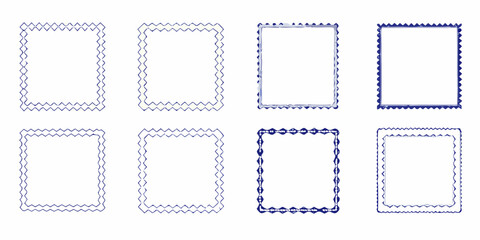 Collection of eight unique hand drawn decorative blue borders and frames on a white background