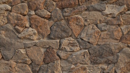 Fototapeta premium Close-up view of a textured stone wall, exhibiting a mix of browns and grays, showcasing the irregular shapes and sizes of the stones, creating a rustic and natural aesthetic.