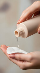 Clean Skincare Product Photography with Hand Holding Cosmetic Tubes, Jars, Droppers, Pumps, and Beauty Tools on Minimal Pastel Background