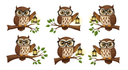 A charming collection of six illustrated owls with glasses, each holding a glowing lantern while perched on a leafy tree branch.