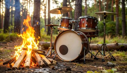 A Musical Drum Set and Campfire Glowing in Forest Environment