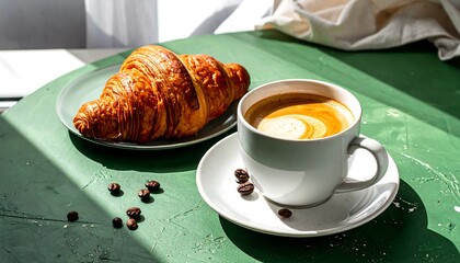 A croissant and coffee cup on a green table, bathed in sunlight