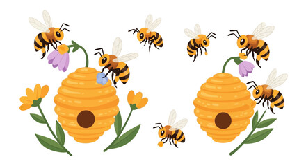 Cute Honey Bees Flying Around Hives and Blossoms Vector Illustration