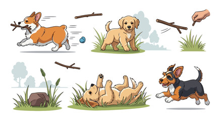 Cute Cartoon Puppies Playing Fetch in Grassy Park