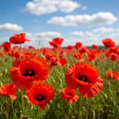 Naklejka premium Vibrant red poppies bloom in a vast field against a backdrop of a partly cloudy sky.
