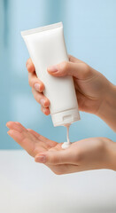 Clean Skincare Product Photography with Hand Holding Cosmetic Tubes, Jars, Droppers, Pumps, and Beauty Tools on Minimal Pastel Background